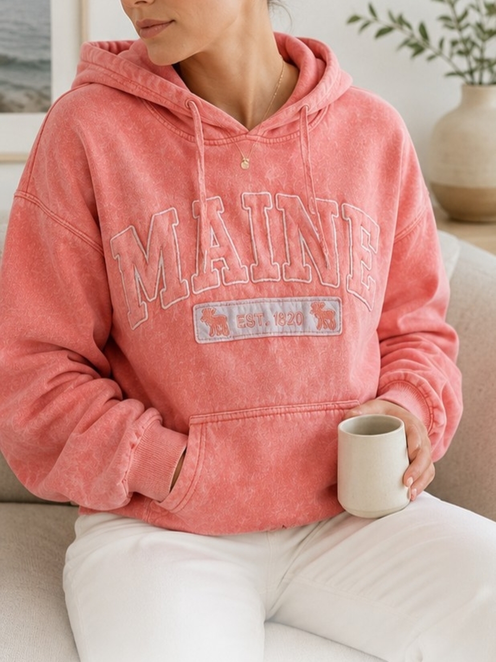 Vintage Wash Maine EST. 1820 Embroidered Hoodie Pink Oversized Coastal Preppy